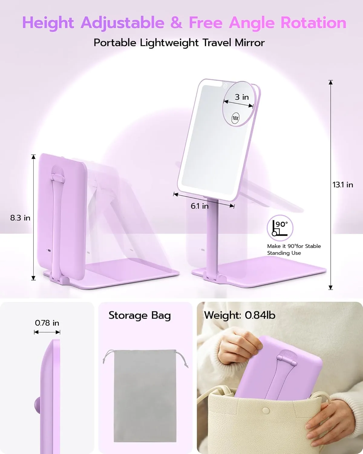 Anfauny Lighted Travel Makeup Mirror with Magnetic 10X Magnification, Vanity Portable and Foldable with Adjustable Stand, Rechargeable 3 Color Lights for Desk and Tabletop - Purple