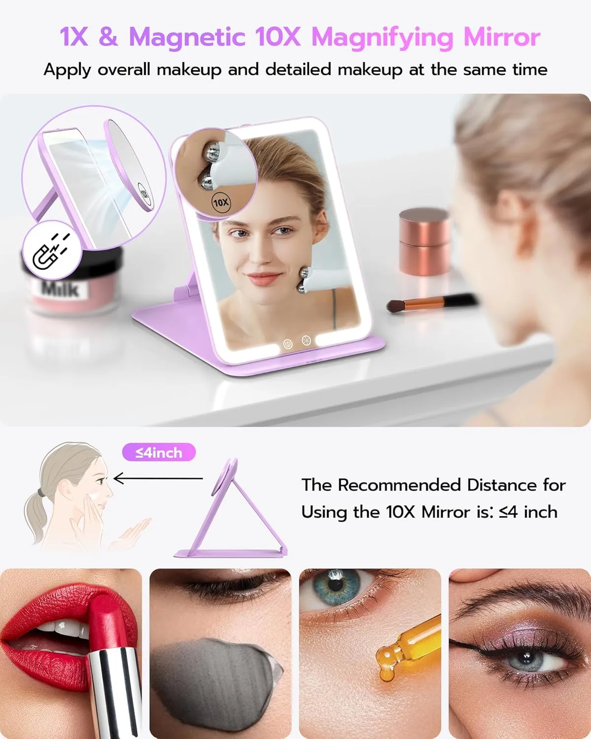 Anfauny Lighted Travel Makeup Mirror with Magnetic 10X Magnification, Vanity Portable and Foldable with Adjustable Stand, Rechargeable 3 Color Lights for Desk and Tabletop - Purple
