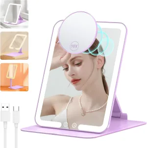 Anfauny Lighted Travel Makeup Mirror with Magnetic 10X Magnification, Vanity Portable and Foldable with Adjustable Stand, Rechargeable 3 Color Lights for Desk and Tabletop - Purple
