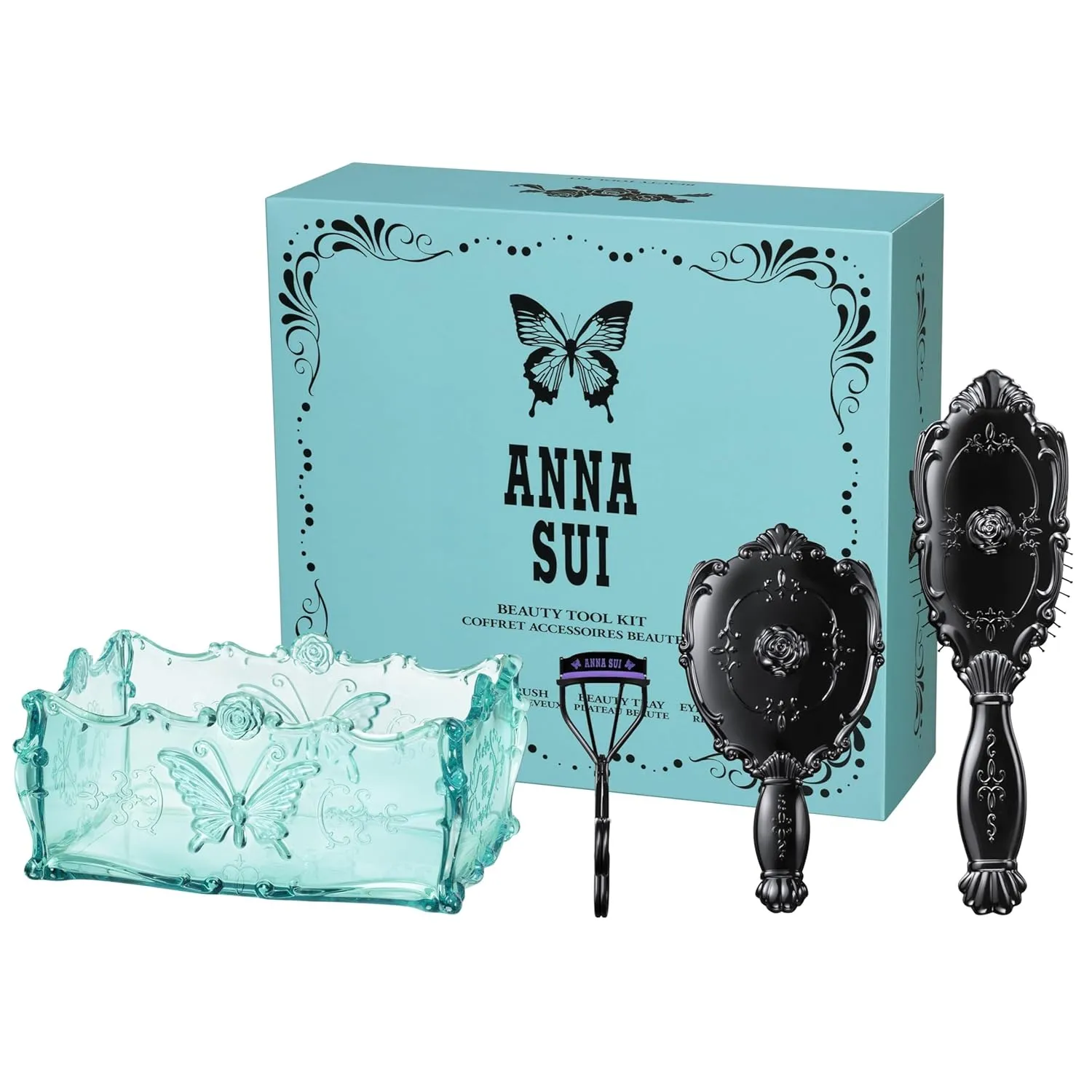ANNA SUI Beauty Tool Kit – Includes Beauty Tray, Eyelash Curler N, Hand Mirror, and Hair Brush – Magical Decorative Tools for Lush Lashes, Glowing Skin, and Luxurious Hair Care
