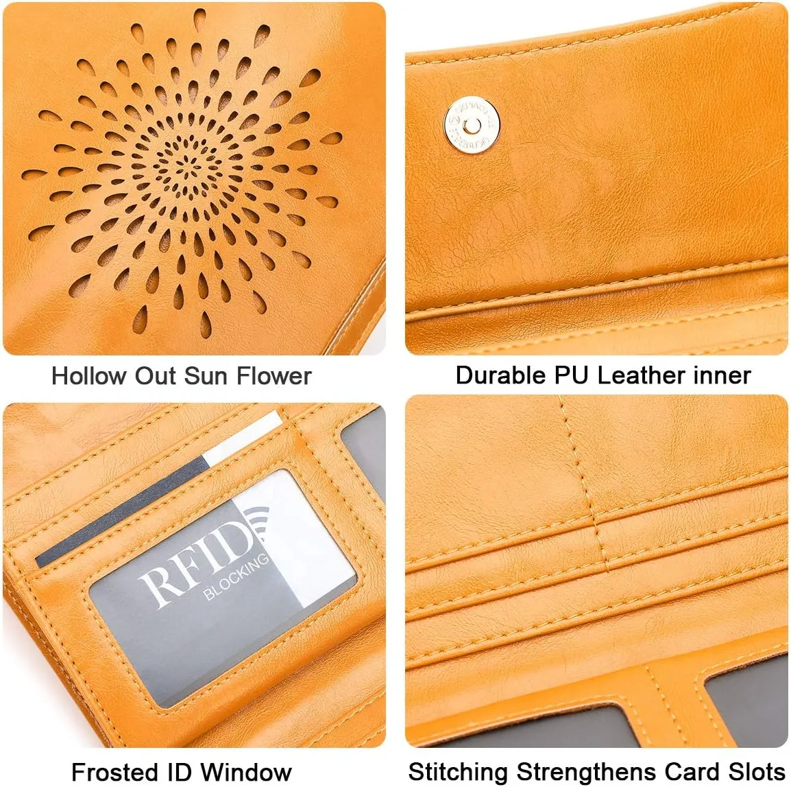 APHISON Womens Wallets RFID Blocking Leather Clutch Long Wallet for Women Card Holder Phone Organizer Ladies Travel Purse Hollow Out Sunflower Design Gift