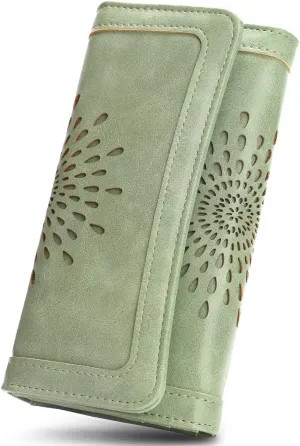 APHISON Womens Wallets RFID Blocking Leather Clutch Long Wallet for Women Card Holder Phone Organizer Ladies Travel Purse Hollow Out Sunflower Design Gift