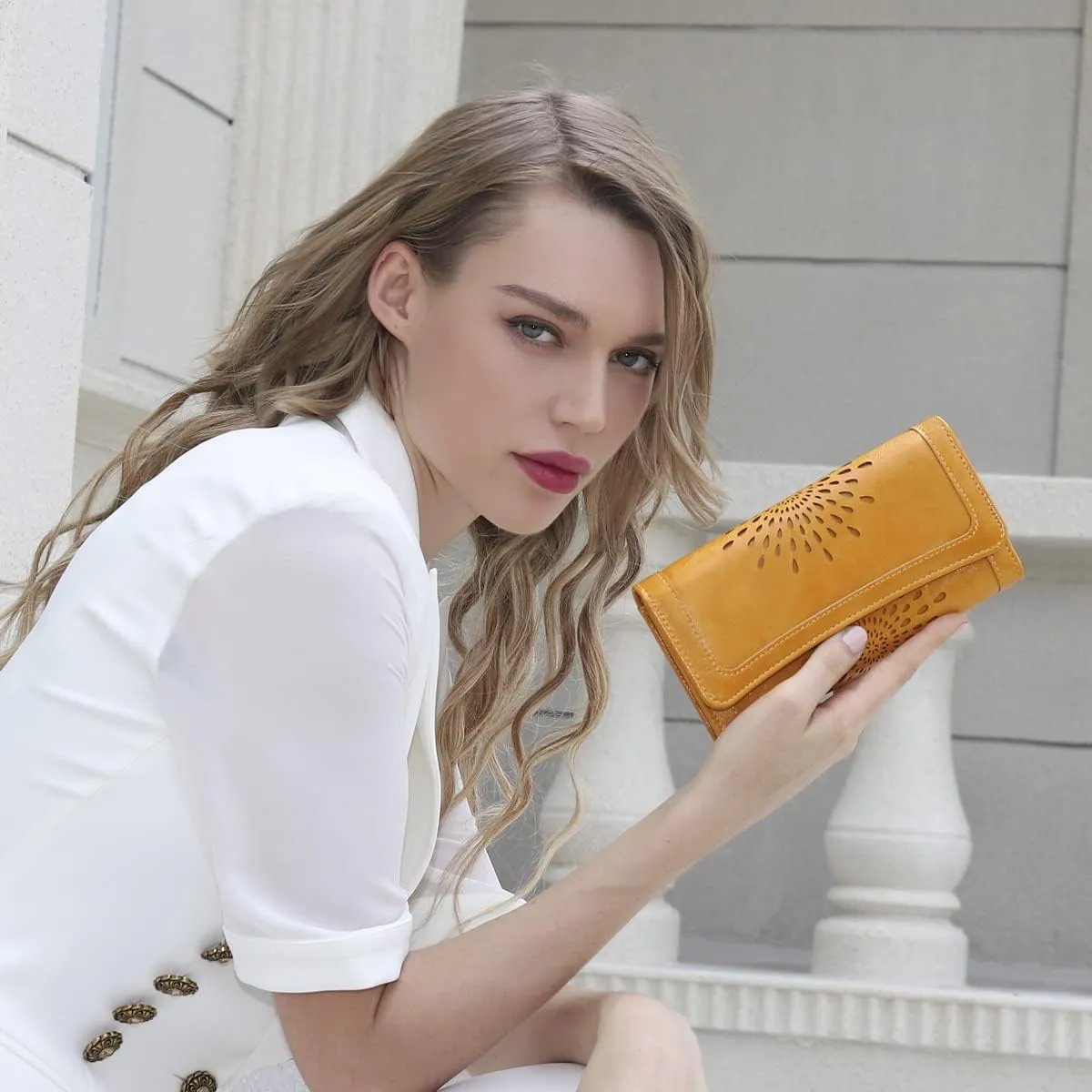 APHISON Womens Wallets RFID Blocking Leather Clutch Long Wallet for Women Card Holder Phone Organizer Ladies Travel Purse Hollow Out Sunflower Design Gift