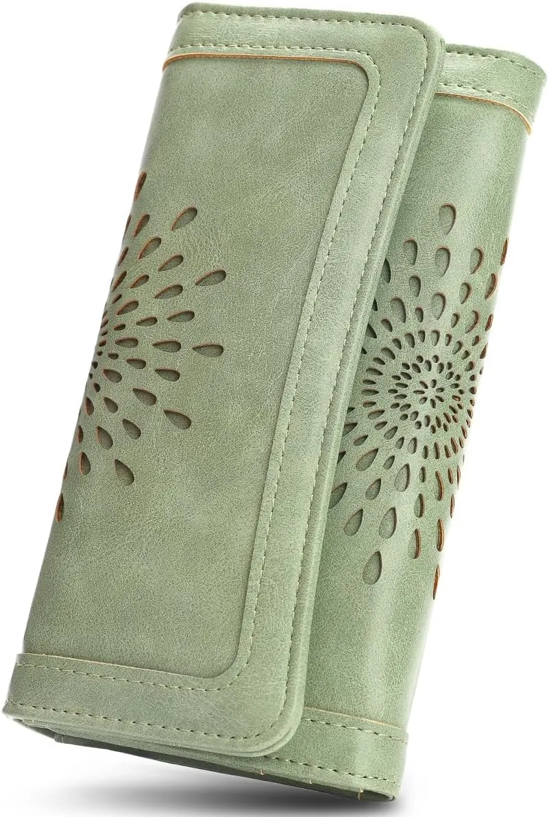 APHISON Womens Wallets RFID Blocking Leather Clutch Long Wallet for Women Card Holder Phone Organizer Ladies Travel Purse Hollow Out Sunflower Design Gift