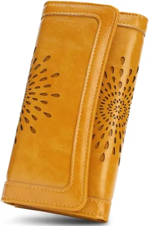 APHISON Womens Wallets RFID Blocking Leather Clutch Long Wallet for Women Card Holder Phone Organizer Ladies Travel Purse Hollow Out Sunflower Design Gift