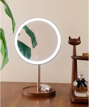 APLUSH Makeup Vanity Mirror with Lights, Wooden Round Beauty Mirror, Smart Touch, Adjustable Warm White/Natural/Daylight