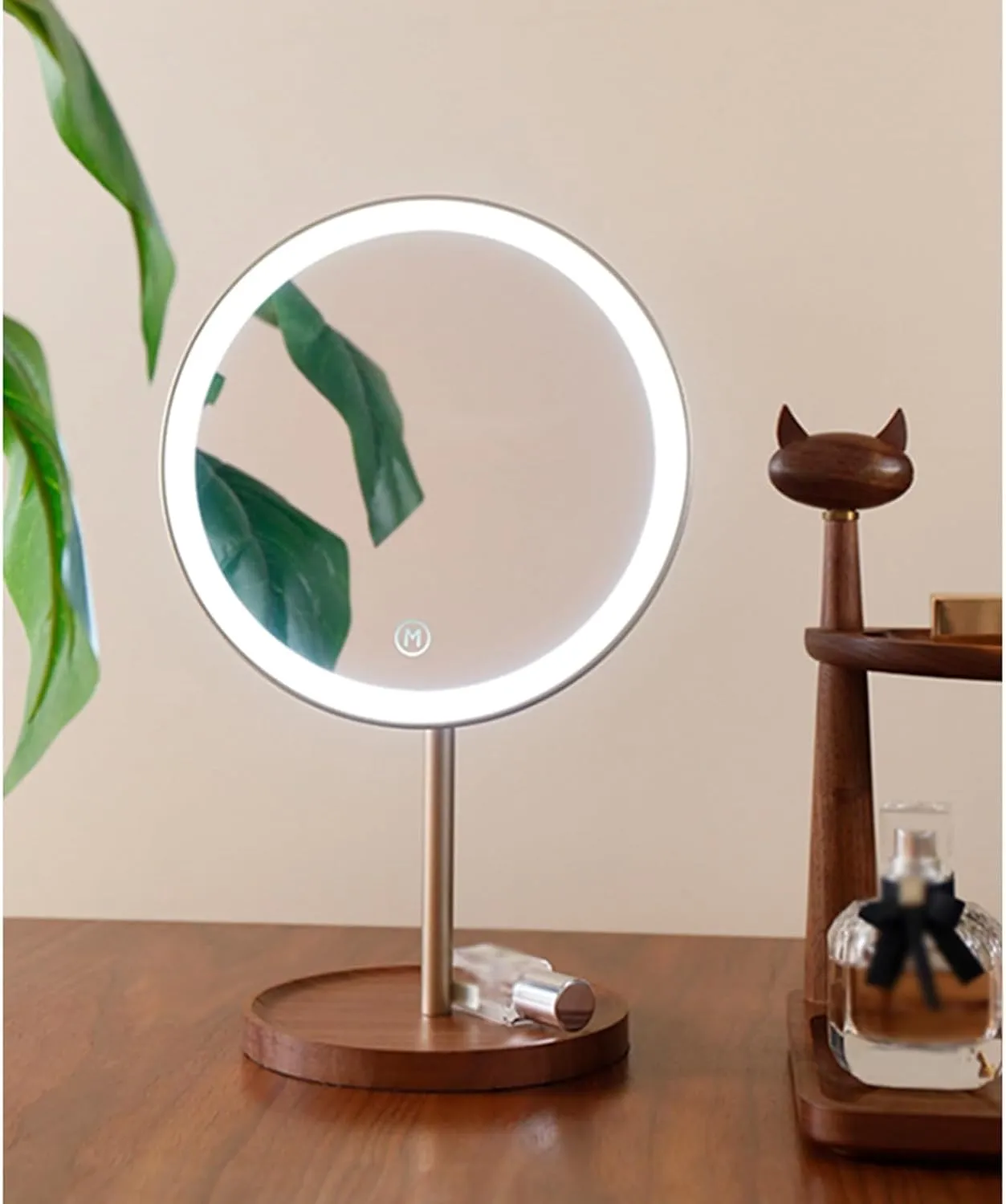 APLUSH Makeup Vanity Mirror with Lights, Wooden Round Beauty Mirror, Smart Touch, Adjustable Warm White/Natural/Daylight