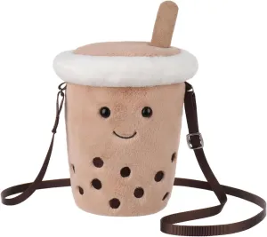 Apricot Lamb Boba Tea Shaped Crossbody Plush Purse for Toddlers and Teen Girls, Stuffed Animal Shoulder Bag, Kids Fashion Handbags, 7.1 Inches