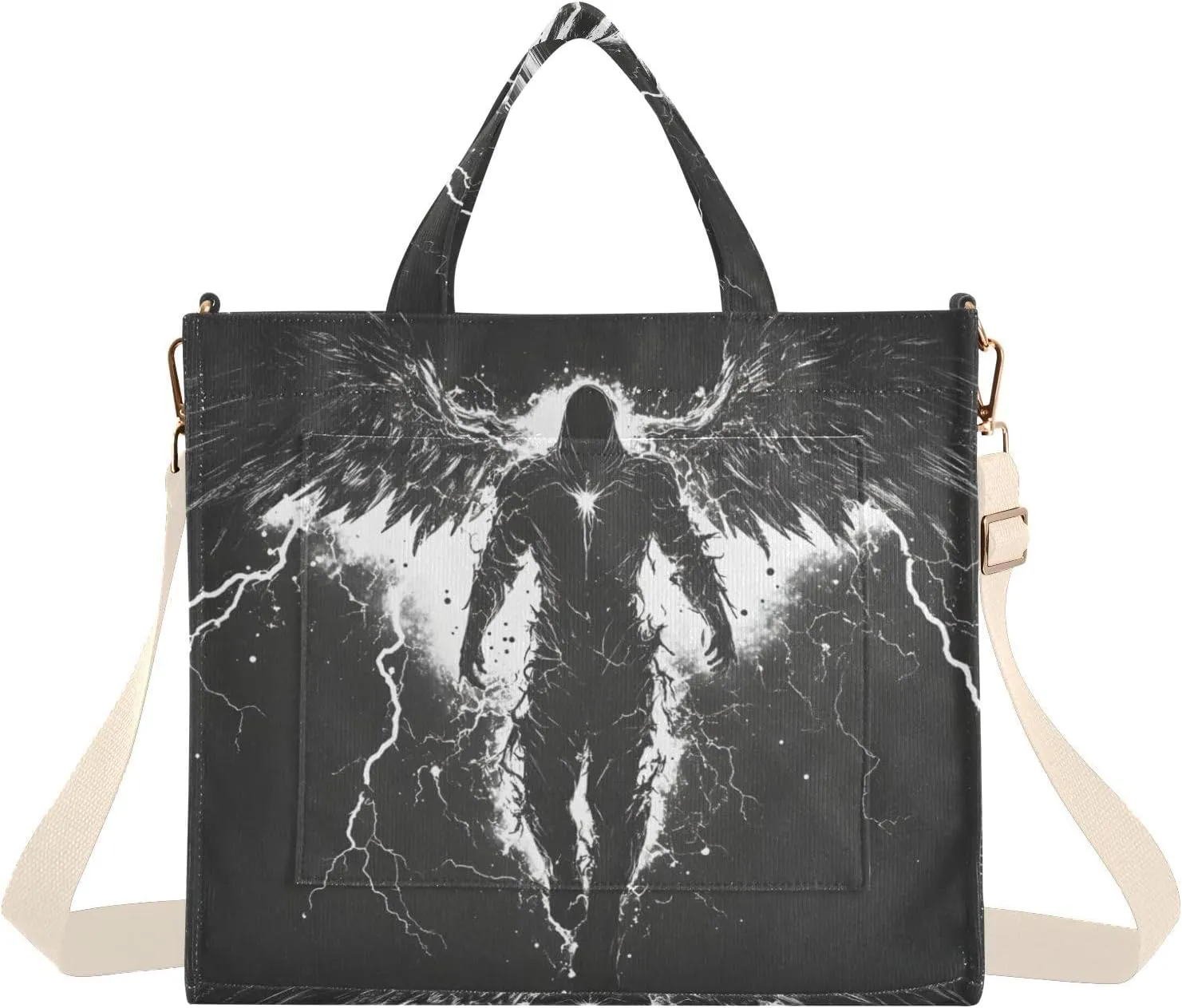 Archangel Wing Black White Corduroy Tote Bag for Women Large Shoulder Bag with Pockets for Beach Work Travel Shopping S