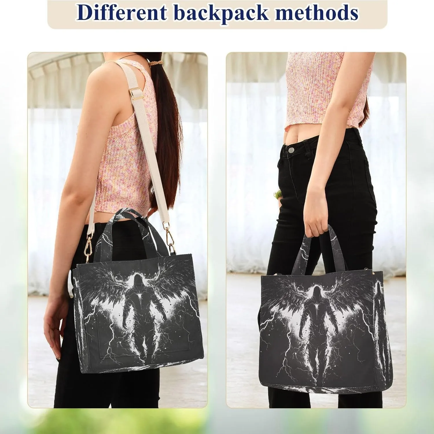 Archangel Wing Black White Corduroy Tote Bag for Women Large Shoulder Bag with Pockets for Beach Work Travel Shopping S