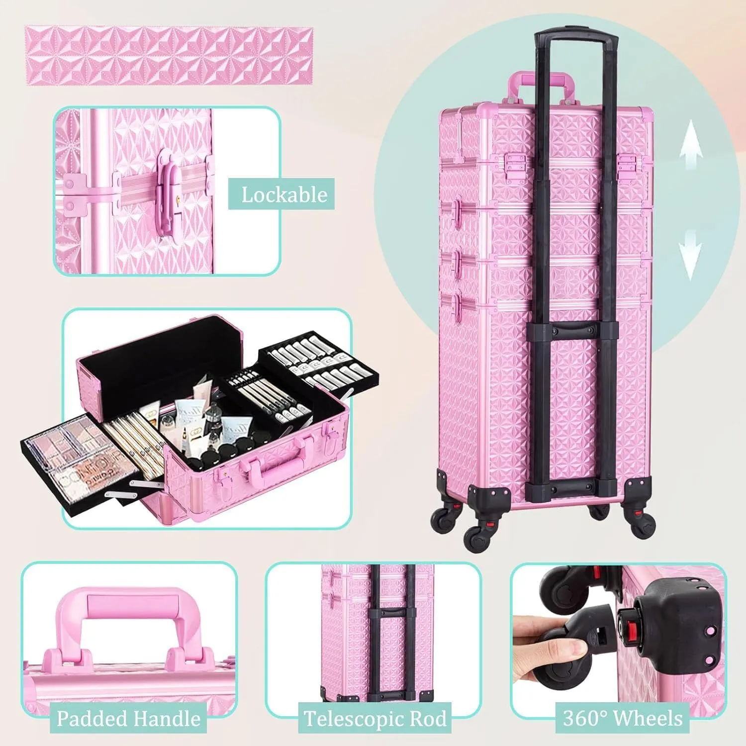 AROUS 5 in 1 Professional Makeup Train Case Aluminum Cosmetic Case Rolling Makeup Case Extra Large Trolley Makeup Travel Organizer, with 360° Swivel Wheels, All Pink