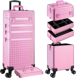 AROUS 5 in 1 Professional Makeup Train Case Aluminum Cosmetic Case Rolling Makeup Case Extra Large Trolley Makeup Travel Organizer, with 360° Swivel Wheels, All pink