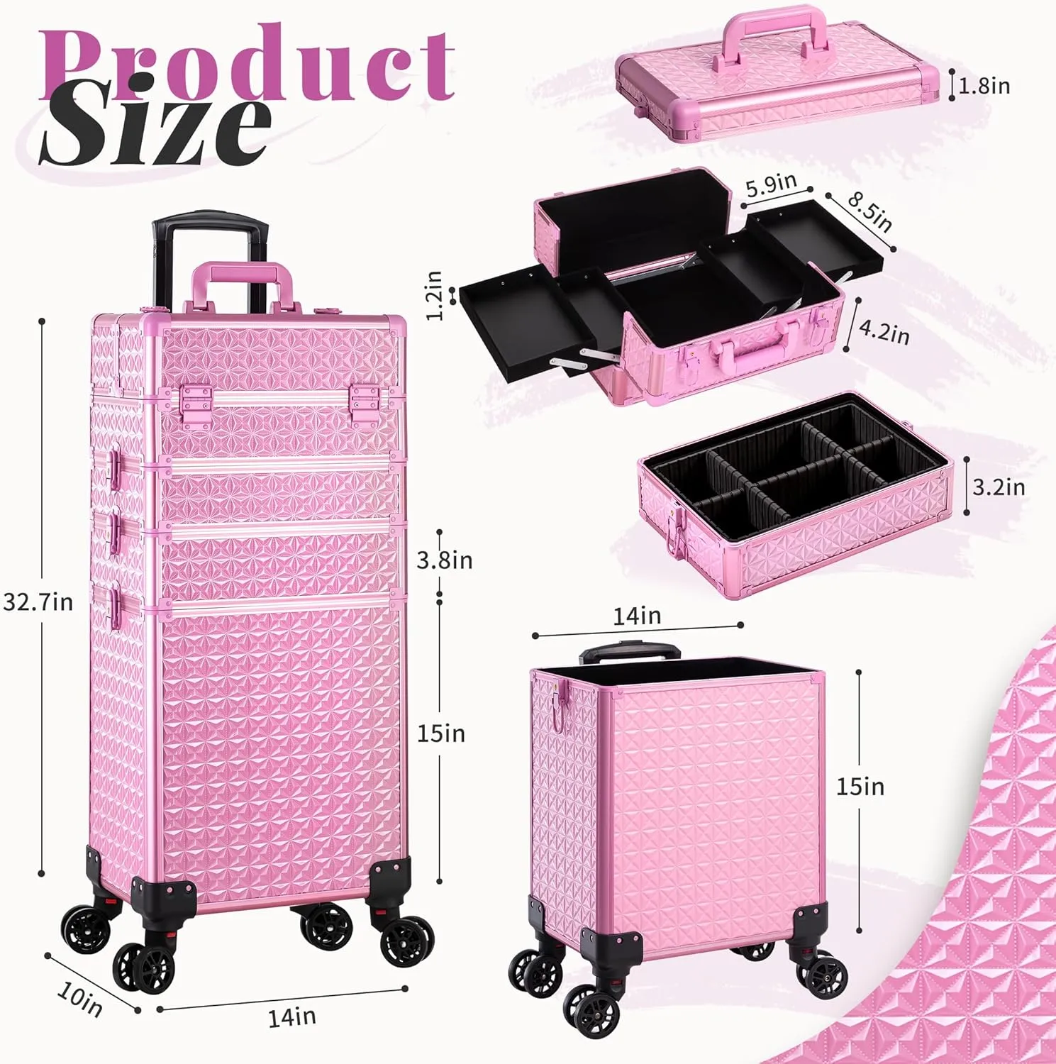 AROUS 5 in 1 Professional Makeup Train Case Aluminum Cosmetic Case Rolling Makeup Case Extra Large Trolley Makeup Travel Organizer, with 360° Swivel Wheels, All pink