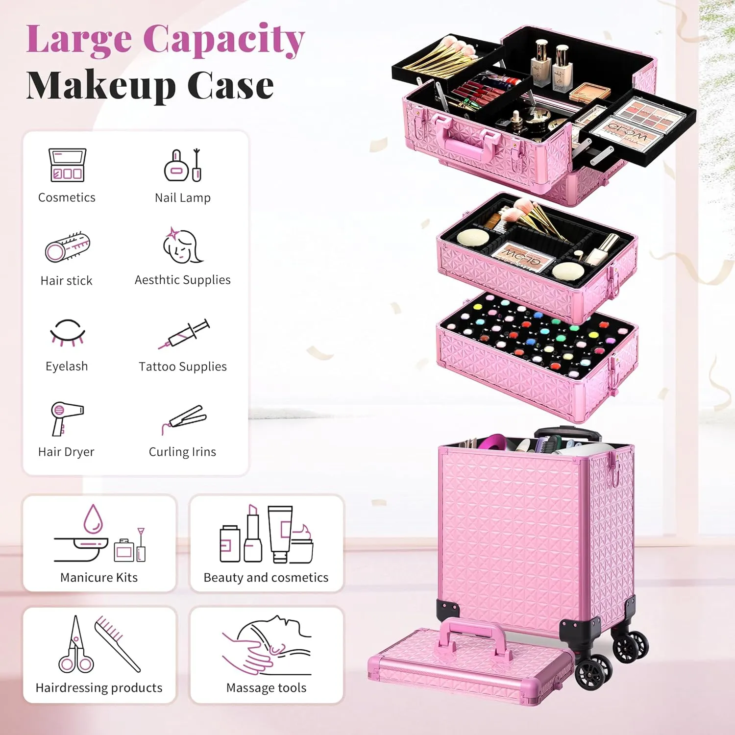 AROUS 5 in 1 Professional Makeup Train Case Aluminum Cosmetic Case Rolling Makeup Case Extra Large Trolley Makeup Travel Organizer, with 360° Swivel Wheels, All pink