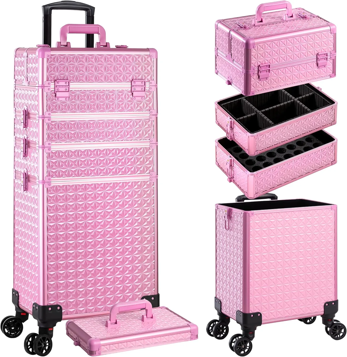 AROUS 5 in 1 Professional Makeup Train Case Aluminum Cosmetic Case Rolling Makeup Case Extra Large Trolley Makeup Travel Organizer, with 360° Swivel Wheels, All pink