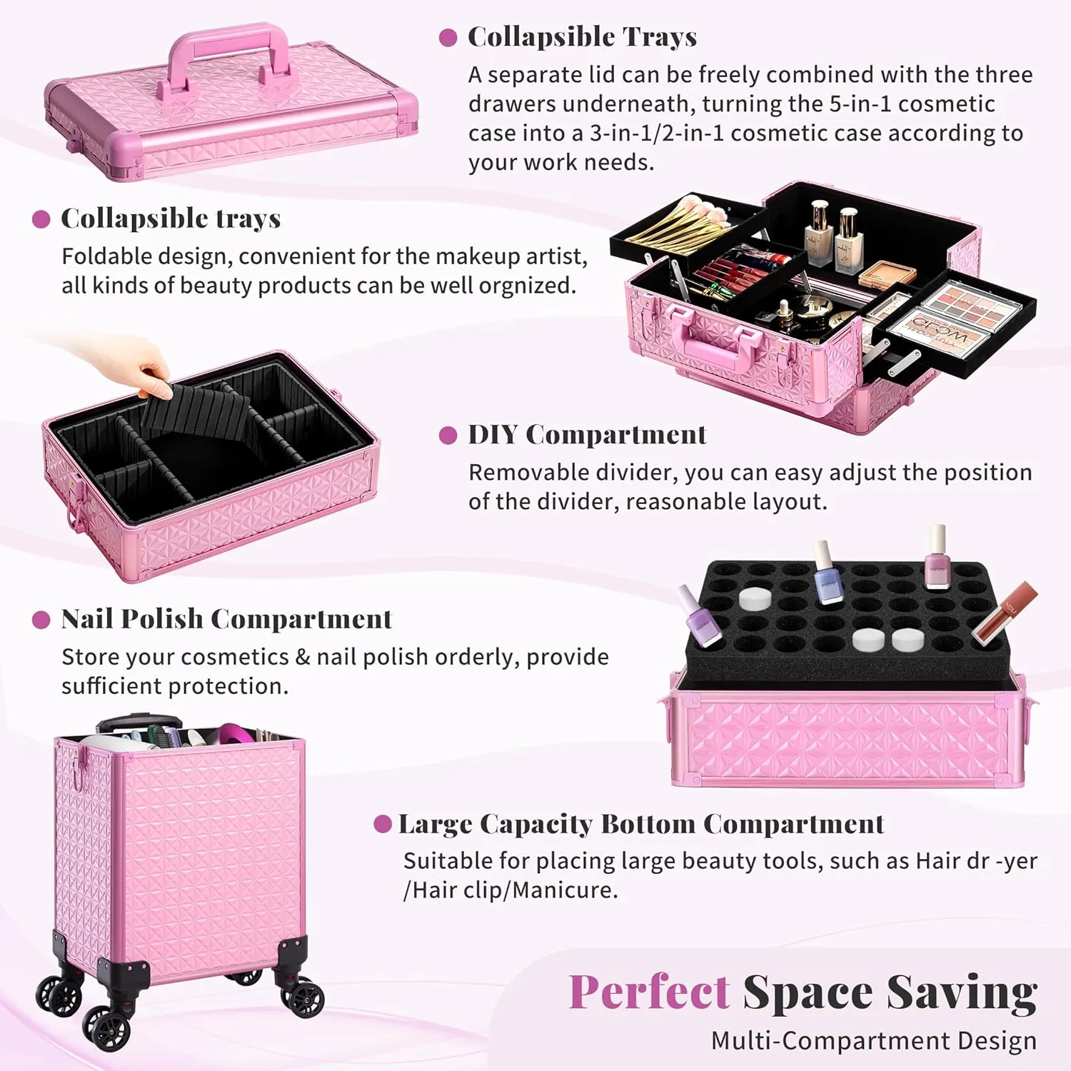 AROUS 5 in 1 Professional Makeup Train Case Aluminum Cosmetic Case Rolling Makeup Case Extra Large Trolley Makeup Travel Organizer, with 360° Swivel Wheels, All pink