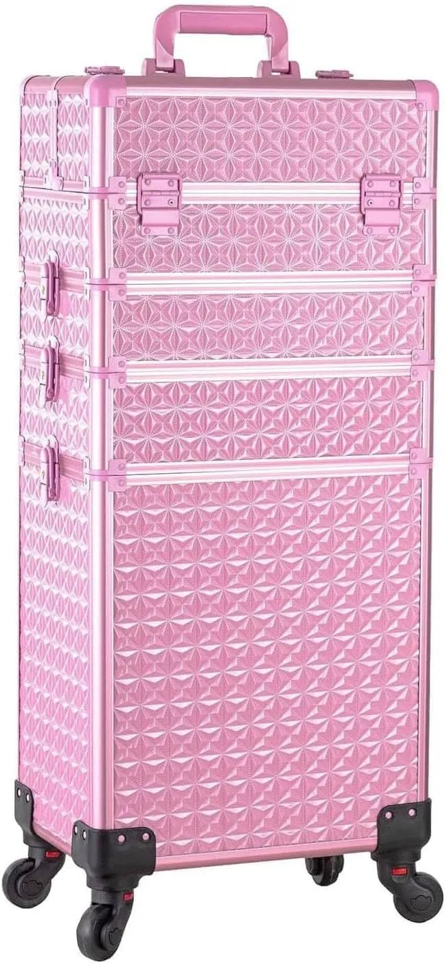 AROUS 5 in 1 Professional Makeup Train Case Aluminum Cosmetic Case Rolling Makeup Case Extra Large Trolley Makeup Travel Organizer, with 360° Swivel Wheels, All Pink