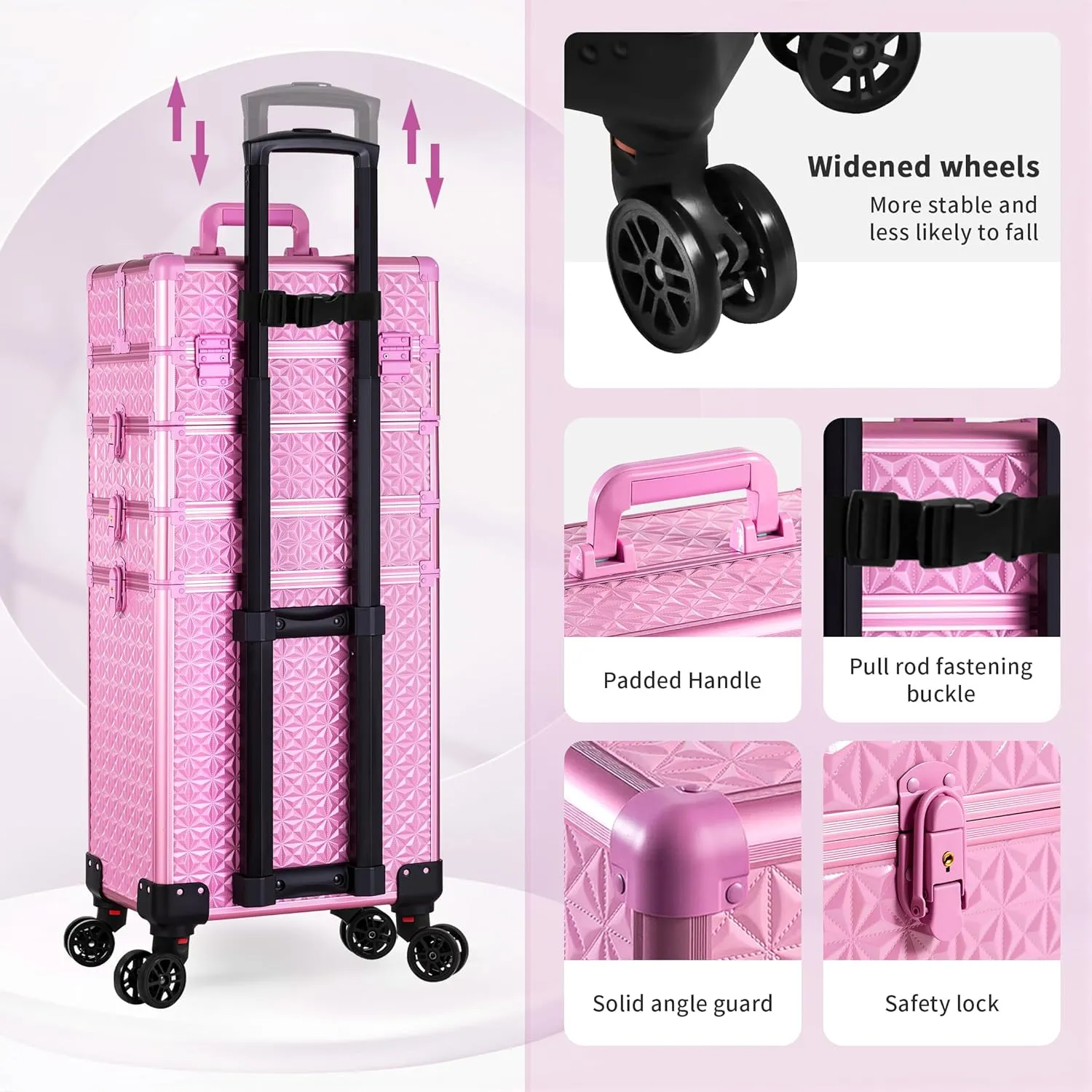 AROUS 5 in 1 Professional Makeup Train Case Aluminum Cosmetic Case Rolling Makeup Case Extra Large Trolley Makeup Travel Organizer, with 360° Swivel Wheels, All pink