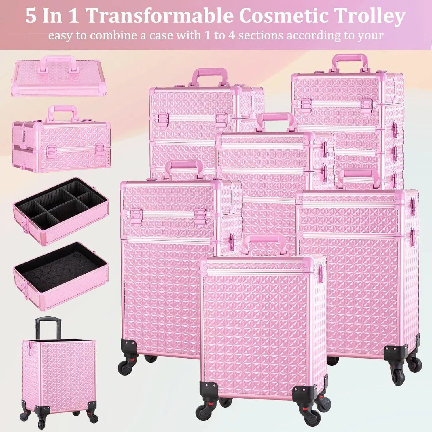 AROUS 5 in 1 Professional Makeup Train Case Aluminum Cosmetic Case Rolling Makeup Case Extra Large Trolley Makeup Travel Organizer, with 360° Swivel Wheels, All Pink