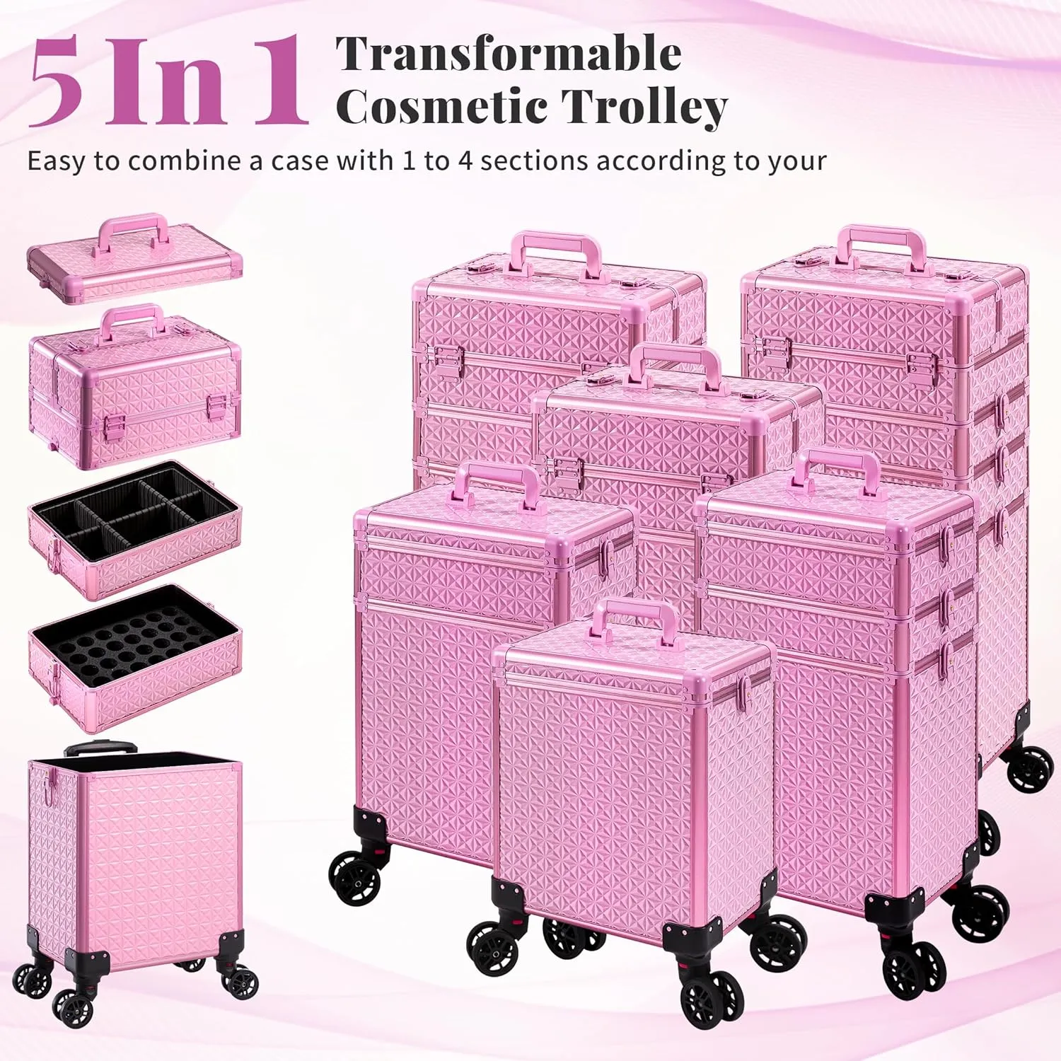 AROUS 5 in 1 Professional Makeup Train Case Aluminum Cosmetic Case Rolling Makeup Case Extra Large Trolley Makeup Travel Organizer, with 360° Swivel Wheels, All pink