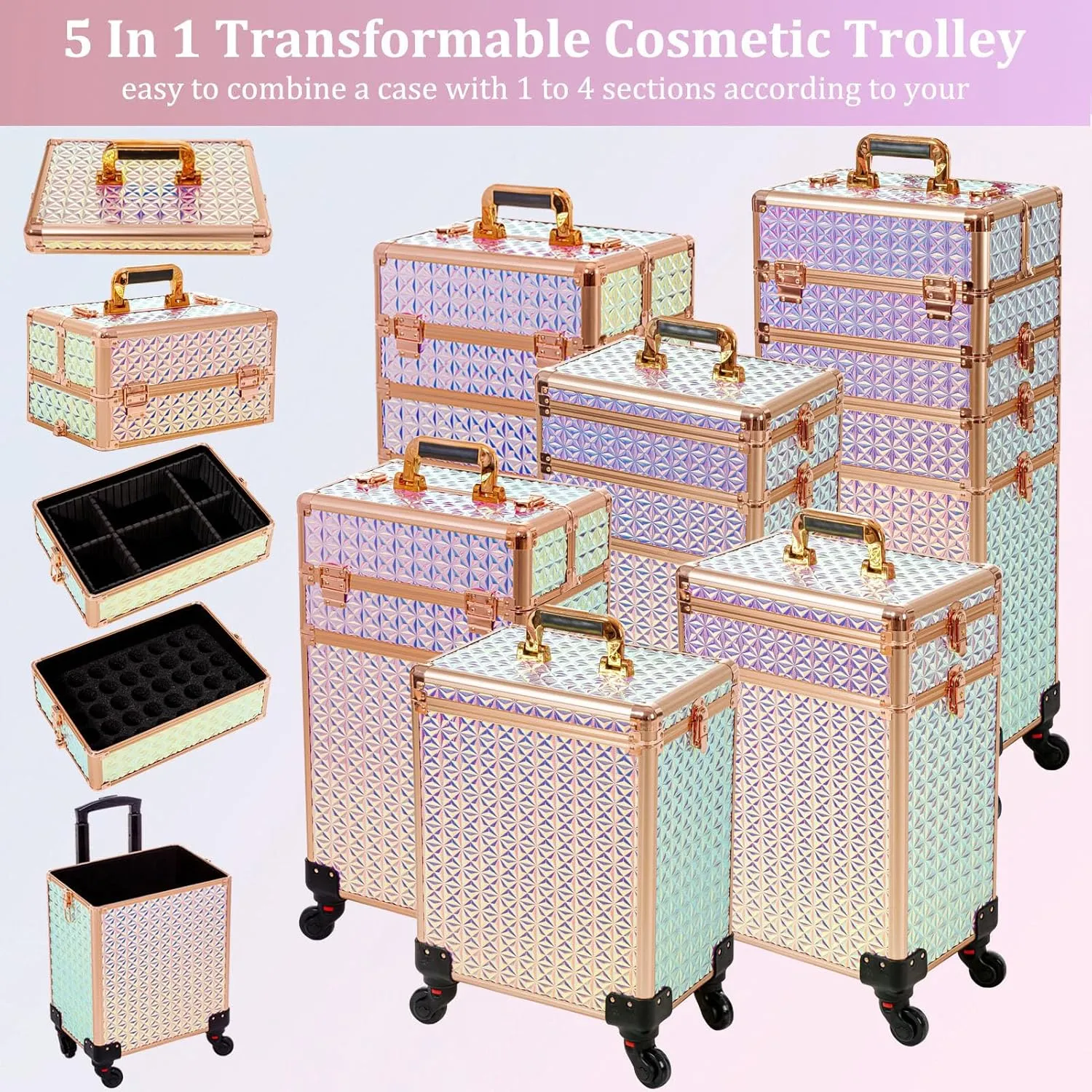AROUS 5 in 1 Professional Makeup Train Case Aluminum Cosmetic Case Rolling Makeup Case Extra Large Trolley Makeup Travel Organizer, with 360° Swivel Wheels, Colorful