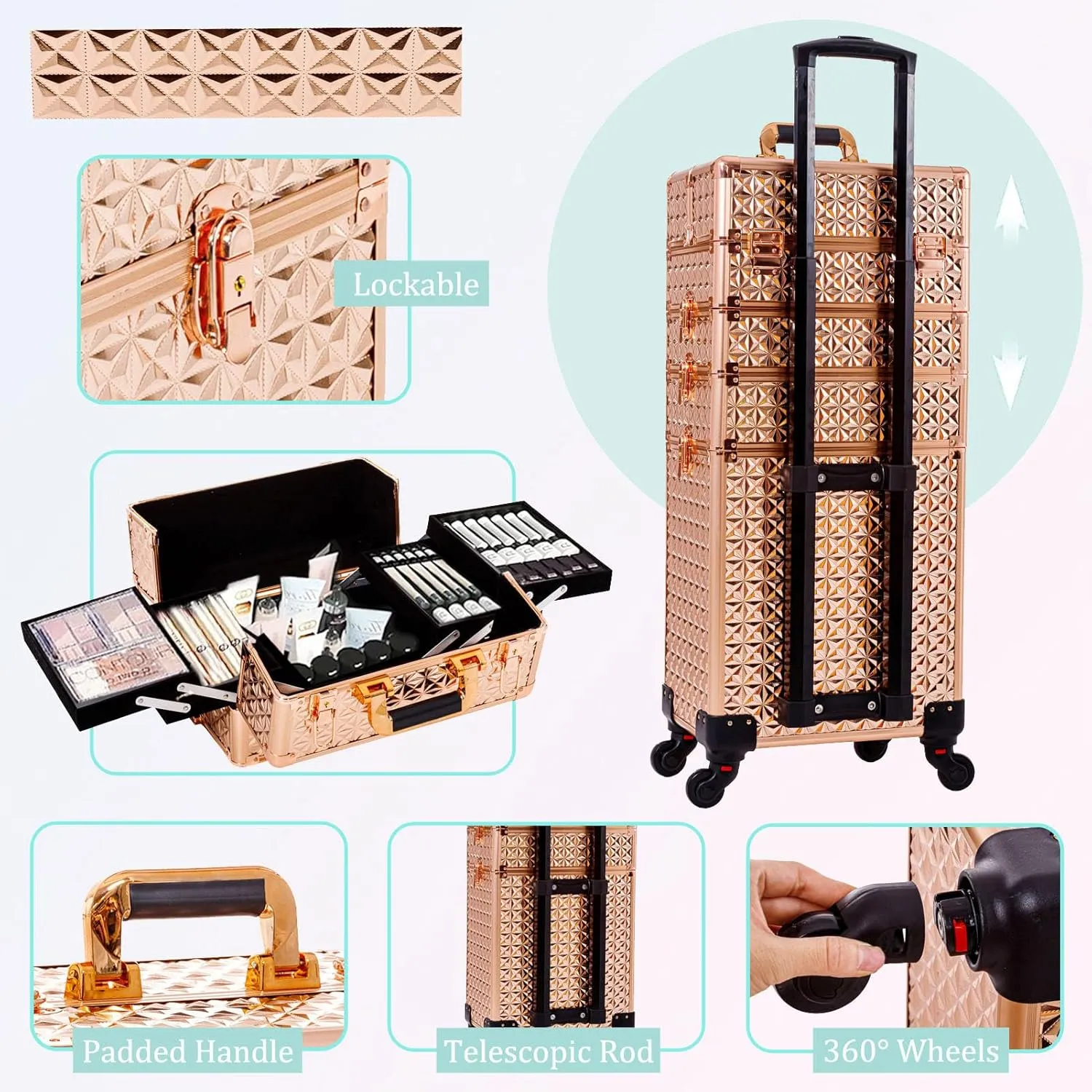 AROUS 5 in 1 Professional Makeup Train Case Aluminum Cosmetic Case Rolling Makeup Case Extra Large Trolley Makeup Travel Organizer, with 360° Swivel Wheels, Gold