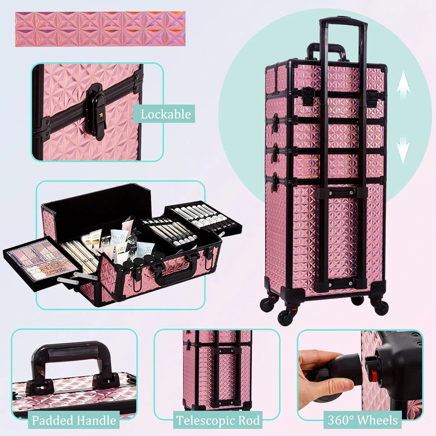 AROUS 5 in 1 Professional Makeup Train Case Aluminum Cosmetic Case Rolling Makeup Case Extra Large Trolley Makeup Travel Organizer, with 360° Swivel Wheels, Pink, JG0001