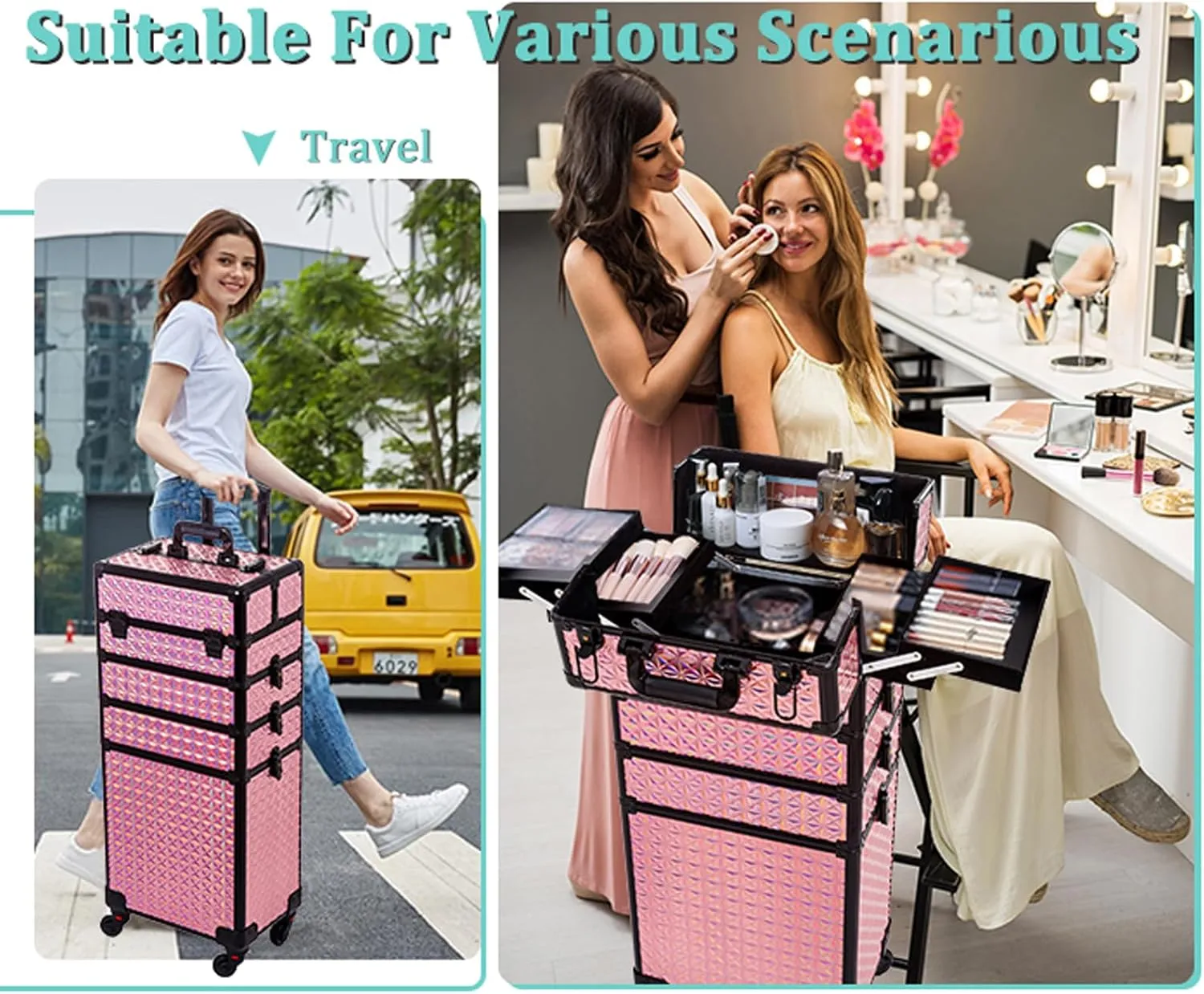 AROUS 5 in 1 Professional Makeup Train Case Aluminum Cosmetic Case Rolling Makeup Case Extra Large Trolley Makeup Travel Organizer, with 360° Swivel Wheels, Pink, JG0001