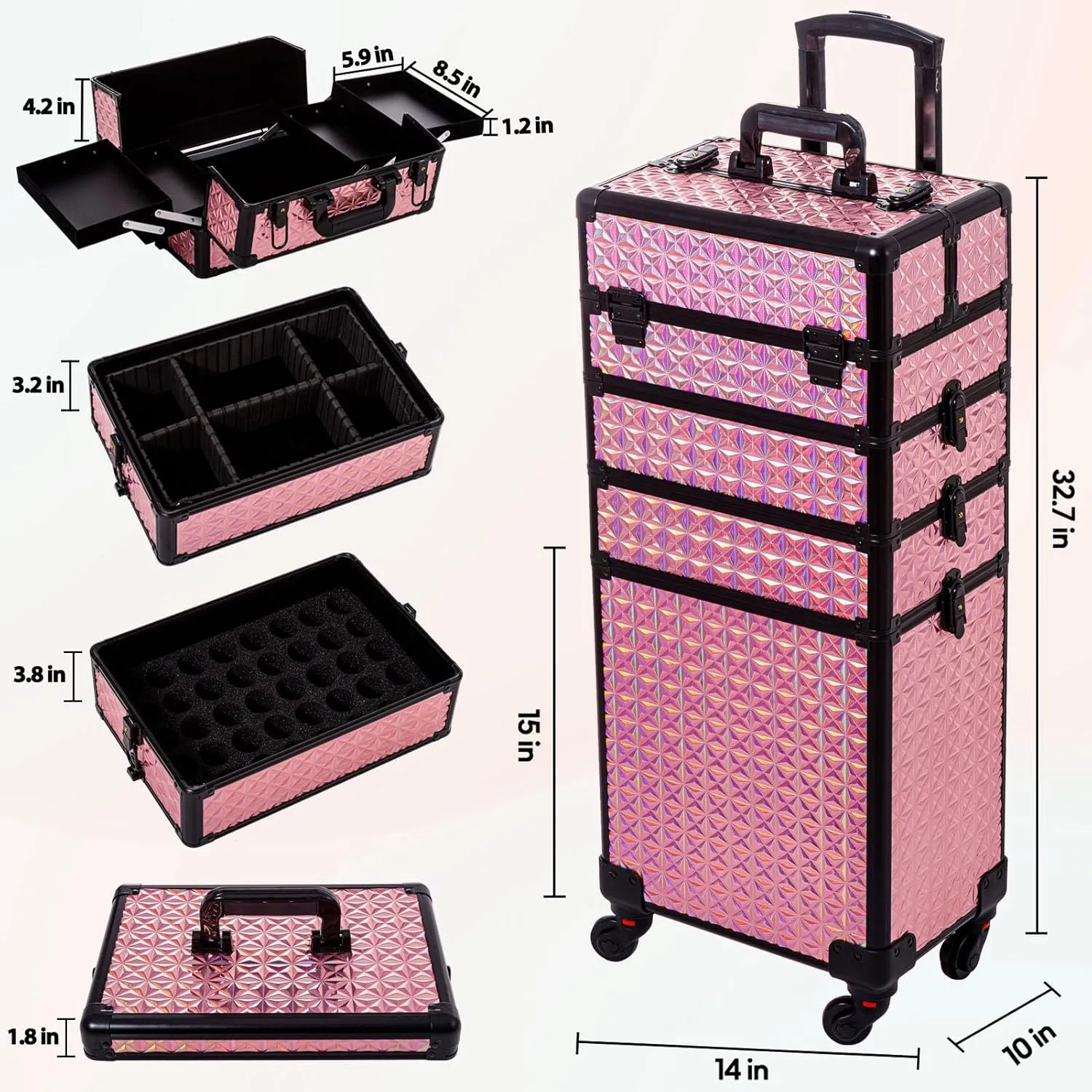 AROUS 5 in 1 Professional Makeup Train Case Aluminum Cosmetic Case Rolling Makeup Case Extra Large Trolley Makeup Travel Organizer, with 360° Swivel Wheels, Pink, JG0001