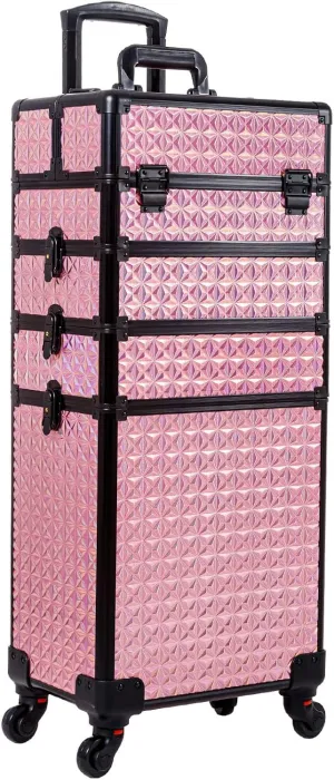 AROUS 5 in 1 Professional Makeup Train Case Aluminum Cosmetic Case Rolling Makeup Case Extra Large Trolley Makeup Travel Organizer, with 360° Swivel Wheels, Pink, JG0001