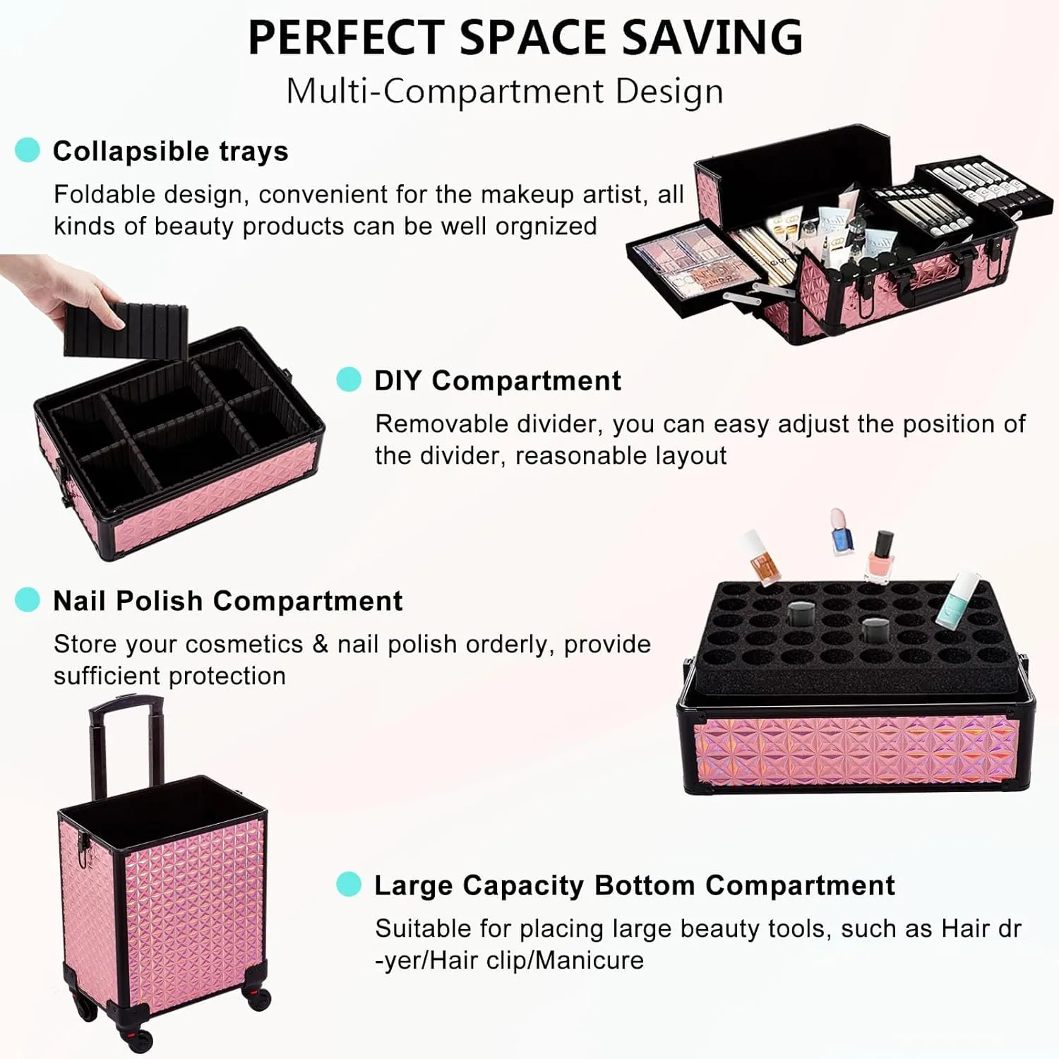 AROUS 5 in 1 Professional Makeup Train Case Aluminum Cosmetic Case Rolling Makeup Case Extra Large Trolley Makeup Travel Organizer, with 360° Swivel Wheels, Pink, JG0001