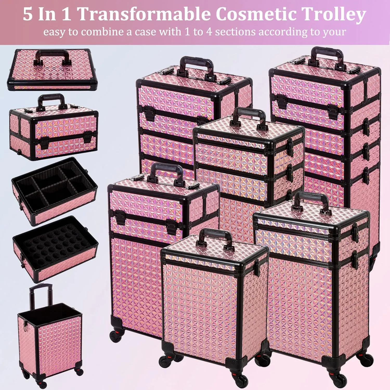 AROUS 5 in 1 Professional Makeup Train Case Aluminum Cosmetic Case Rolling Makeup Case Extra Large Trolley Makeup Travel Organizer, with 360° Swivel Wheels, Pink, JG0001
