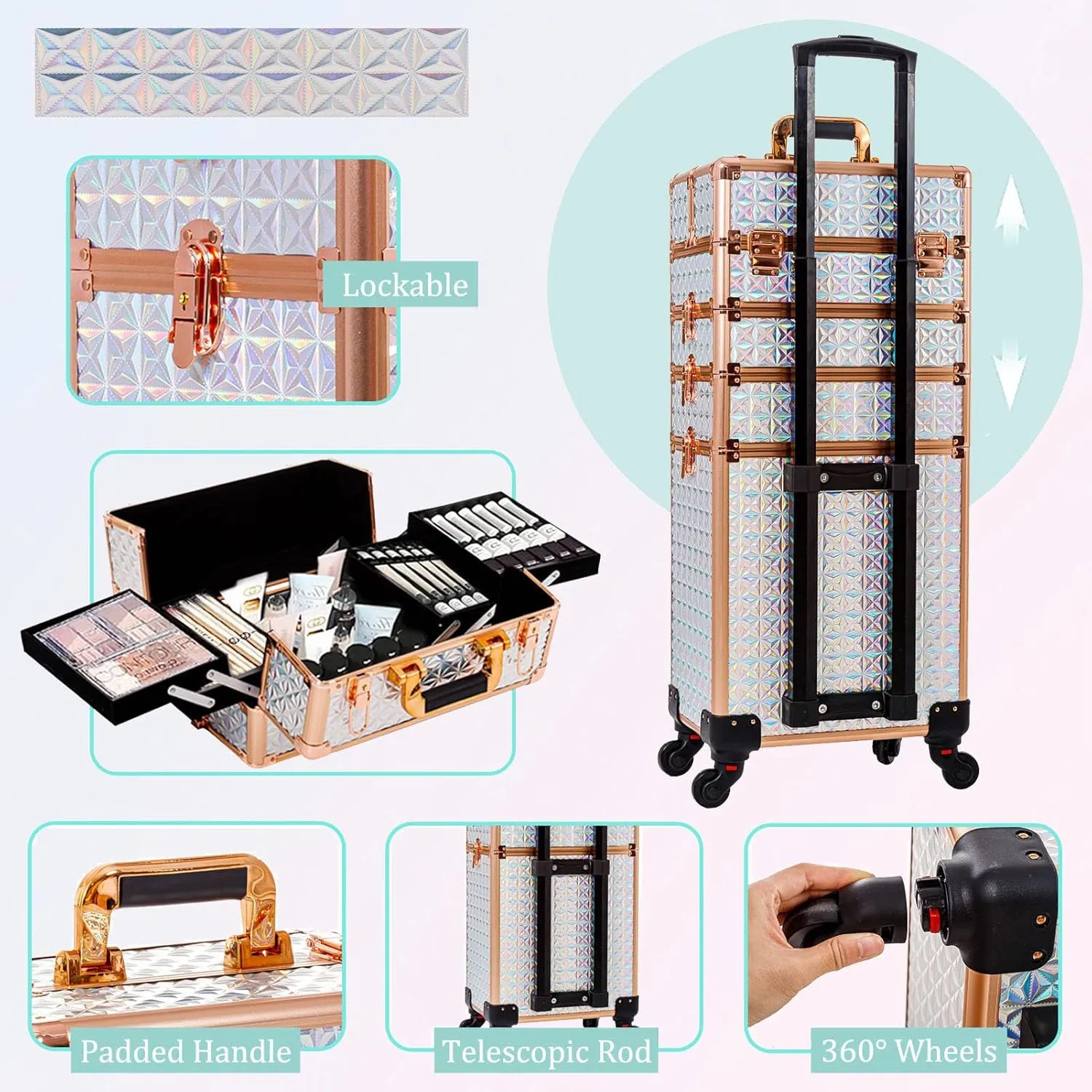 AROUS 5 in 1 Professional Makeup Train Case Aluminum Cosmetic Case Rolling Makeup Case Extra Large Trolley Makeup Travel Organizer, with 360° Swivel Wheels, White and Gold, JG0001