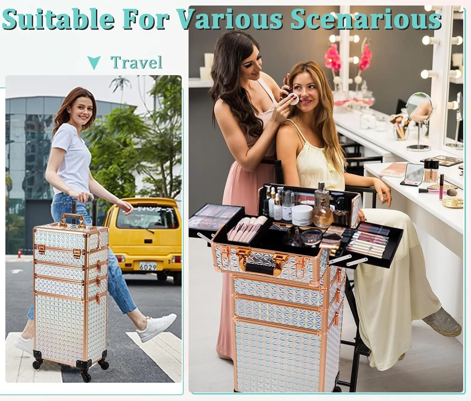 AROUS 5 in 1 Professional Makeup Train Case Aluminum Cosmetic Case Rolling Makeup Case Extra Large Trolley Makeup Travel Organizer, with 360° Swivel Wheels, White and Gold, JG0001