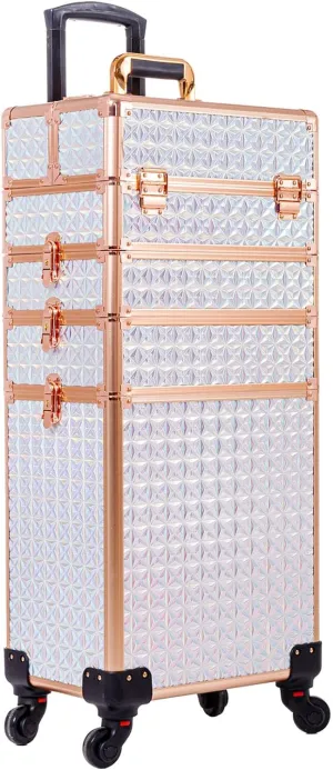 AROUS 5 in 1 Professional Makeup Train Case Aluminum Cosmetic Case Rolling Makeup Case Extra Large Trolley Makeup Travel Organizer, with 360° Swivel Wheels, White and Gold, JG0001