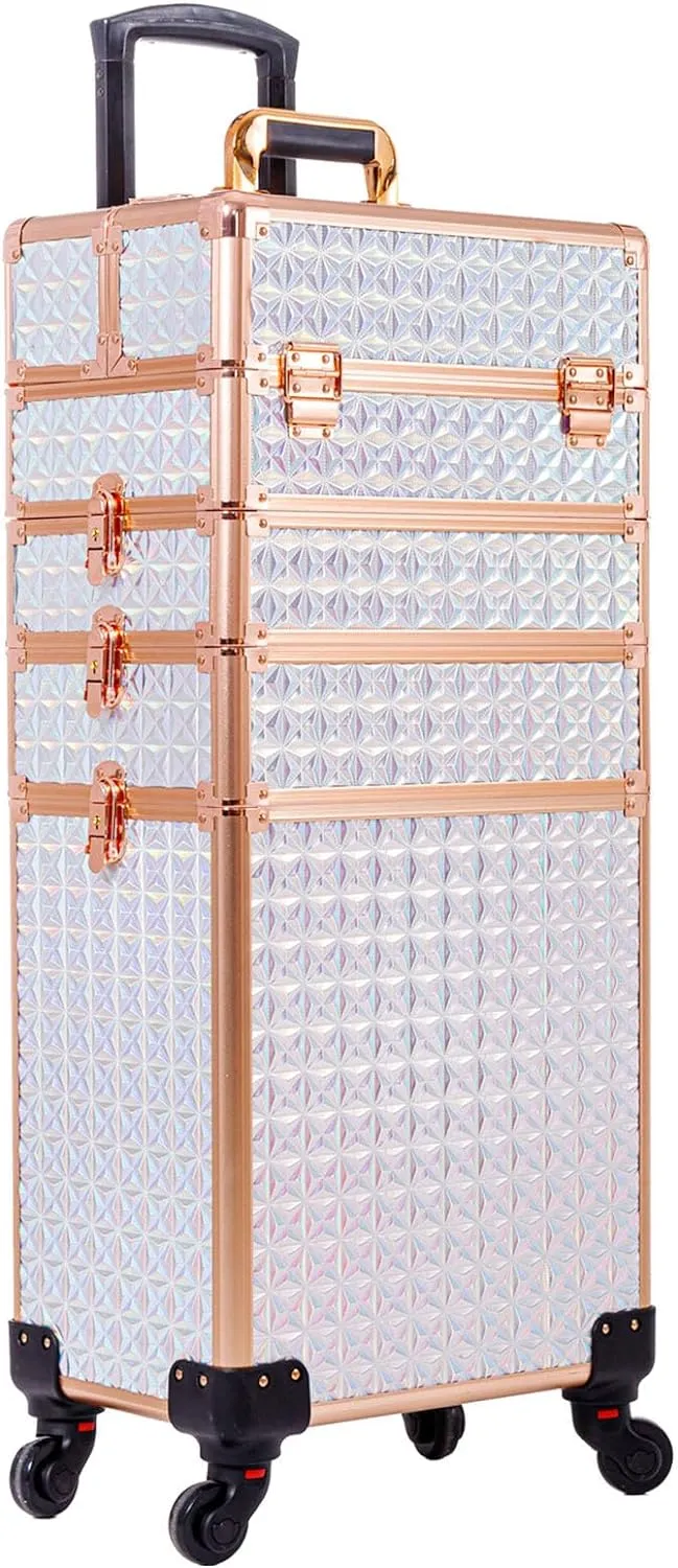 AROUS 5 in 1 Professional Makeup Train Case Aluminum Cosmetic Case Rolling Makeup Case Extra Large Trolley Makeup Travel Organizer, with 360° Swivel Wheels, White and Gold, JG0001