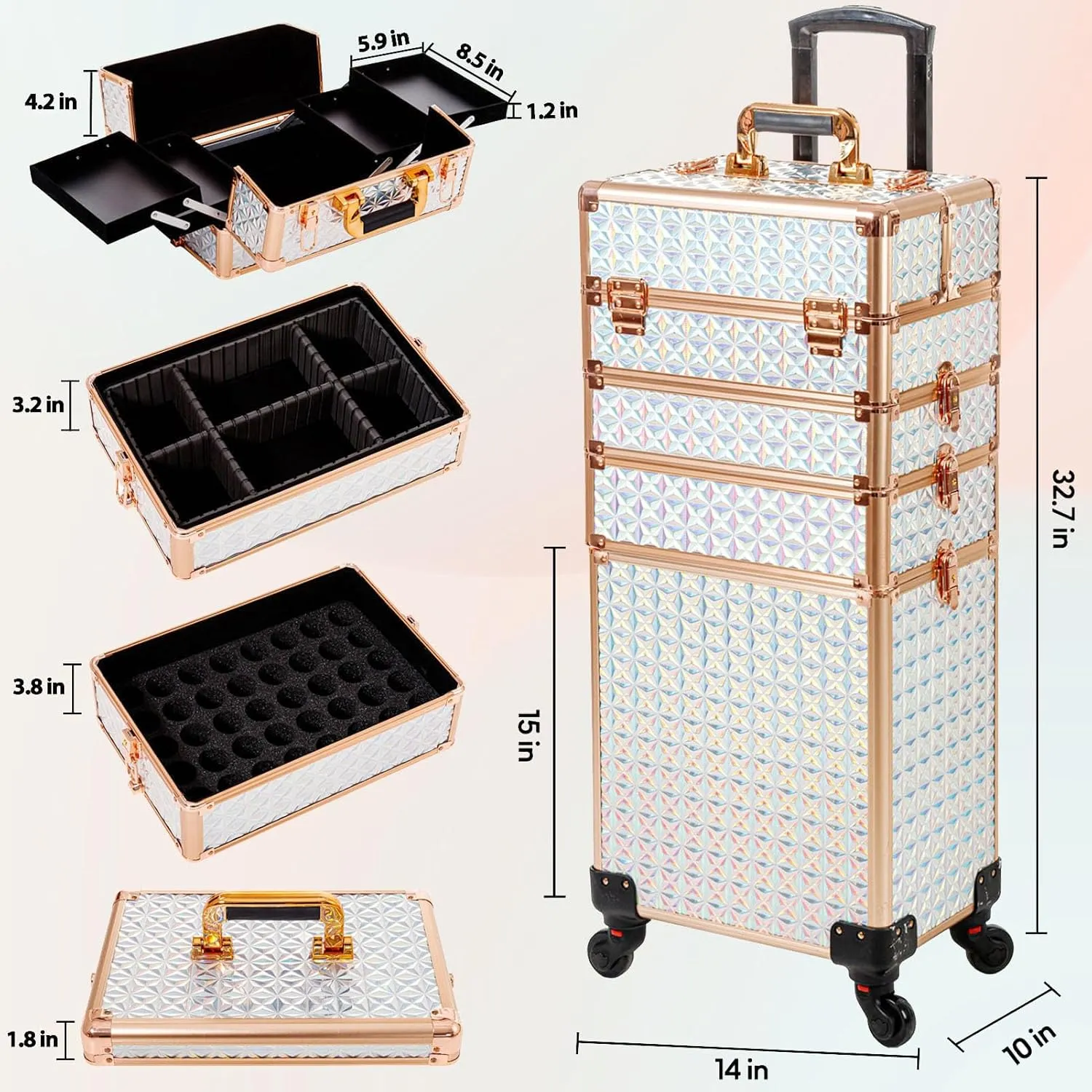 AROUS 5 in 1 Professional Makeup Train Case Aluminum Cosmetic Case Rolling Makeup Case Extra Large Trolley Makeup Travel Organizer, with 360° Swivel Wheels, White and Gold, JG0001