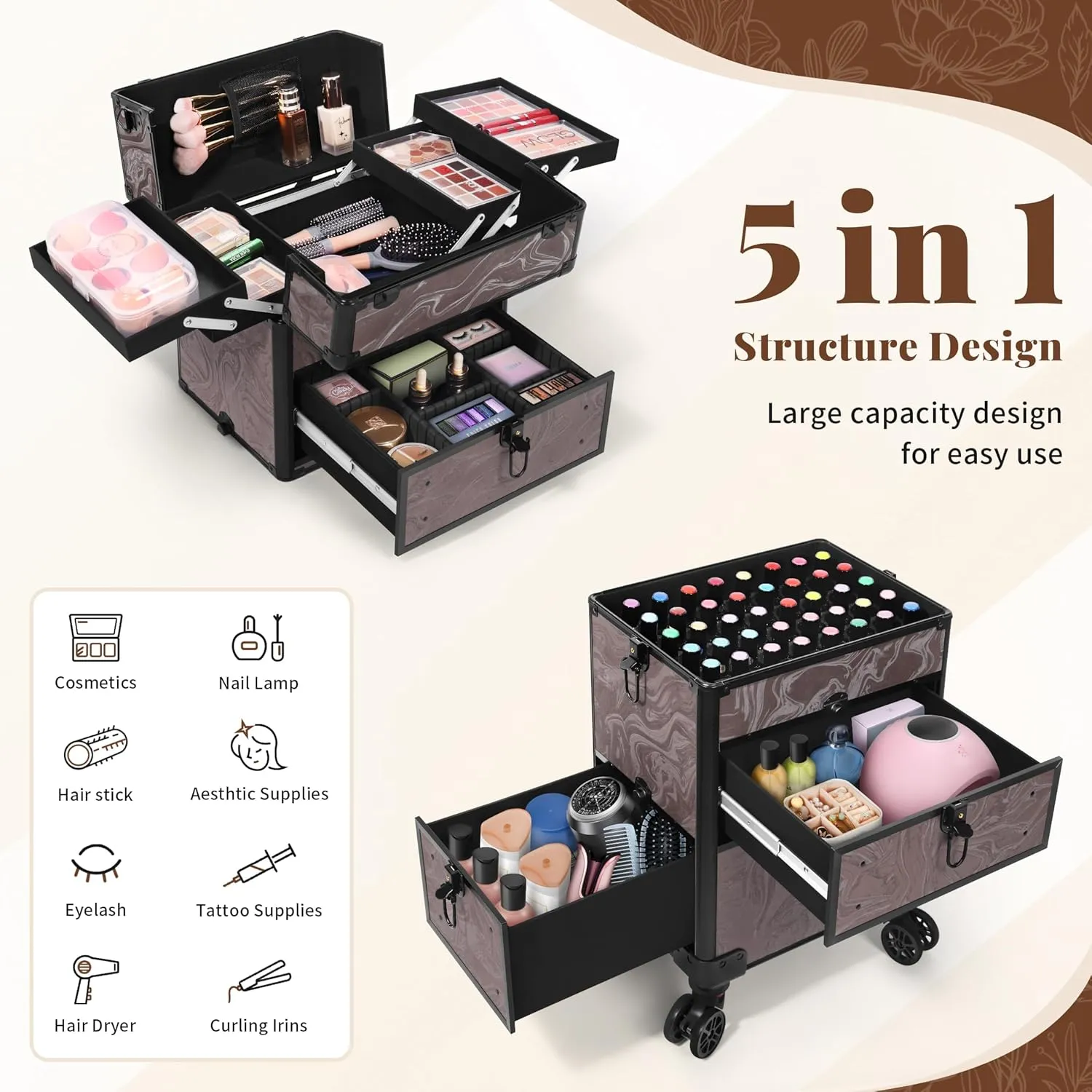 AROUS 5 in 1 Rolling Makeup Case with Drawers, Multi-functional Cosmetic Trolley with Wheels and Keys, Large Storage Traveling Cart Trunk for Nail Technicians, Makeup Artist and Hairstylist, Brown