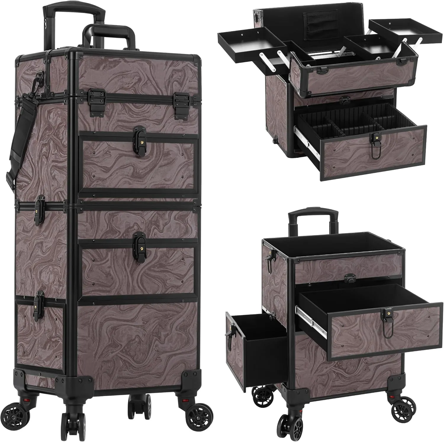 AROUS 5 in 1 Rolling Makeup Case with Drawers, Multi-functional Cosmetic Trolley with Wheels and Keys, Large Storage Traveling Cart Trunk for Nail Technicians, Makeup Artist and Hairstylist, Brown