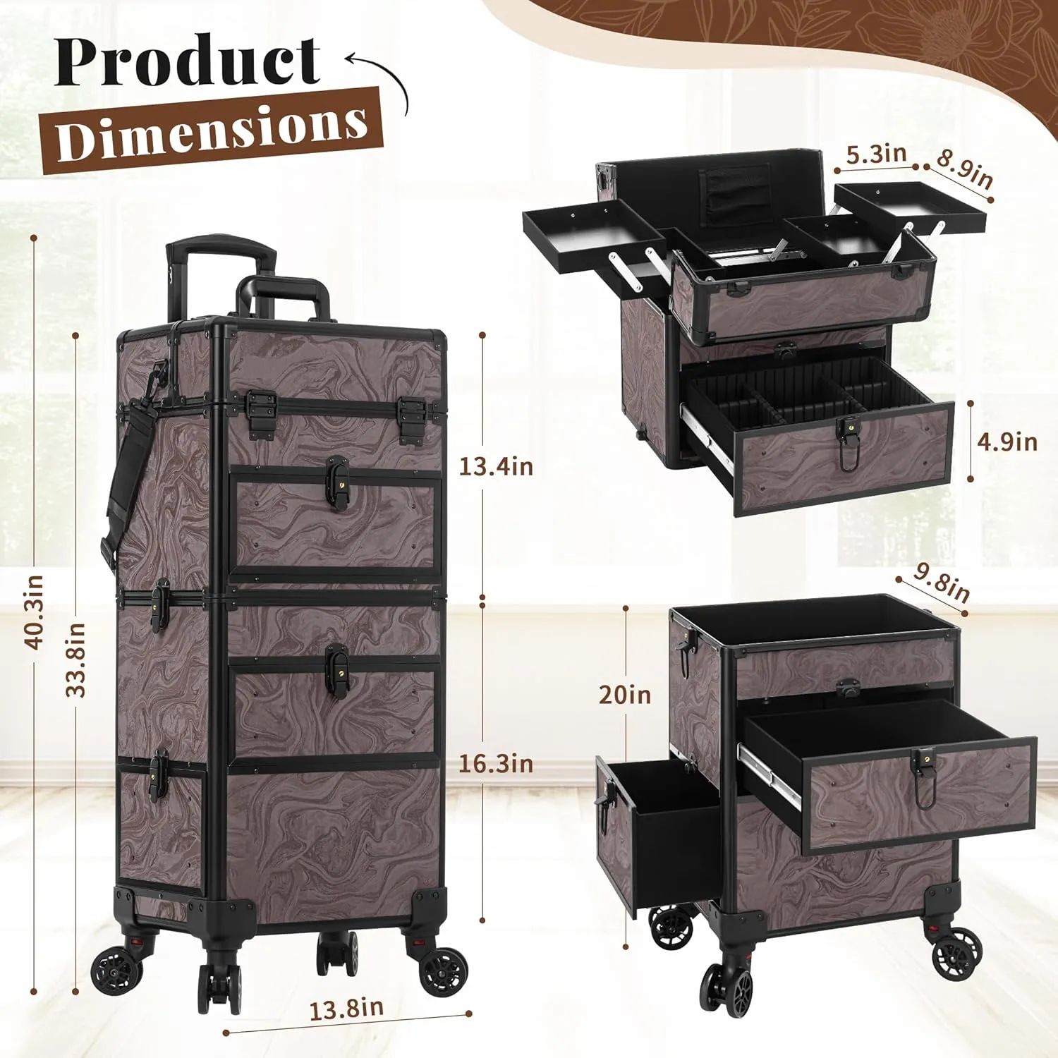 AROUS 5 in 1 Rolling Makeup Case with Drawers, Multi-functional Cosmetic Trolley with Wheels and Keys, Large Storage Traveling Cart Trunk for Nail Technicians, Makeup Artist and Hairstylist, Brown