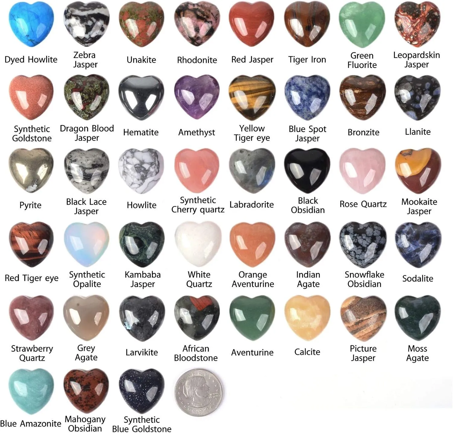 Assorted Gemstone 25mm Mini Puffy LOVE Heart Healing Crystal Pocket Stone Rock Collection Box (Pack of 24)