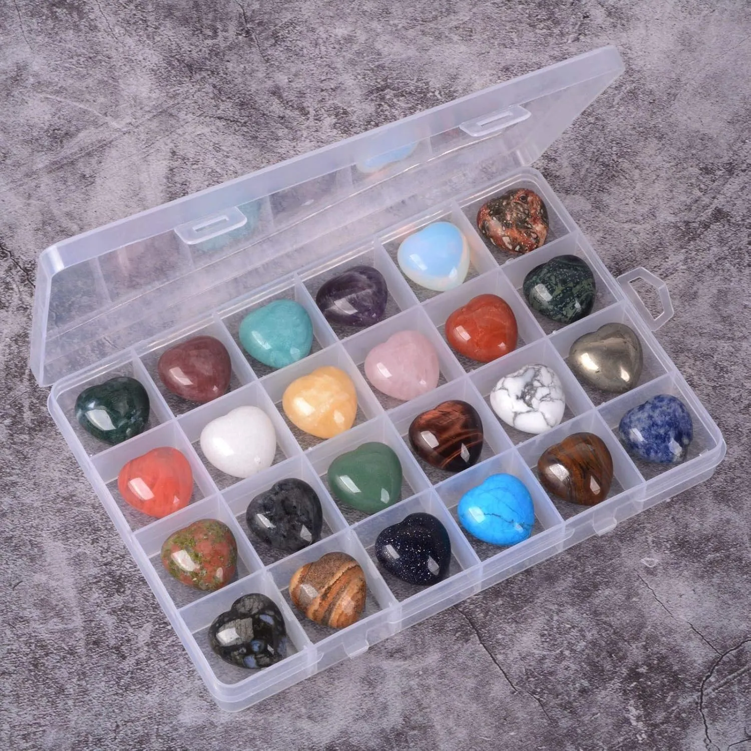 Assorted Gemstone 25mm Mini Puffy LOVE Heart Healing Crystal Pocket Stone Rock Collection Box (Pack of 24)