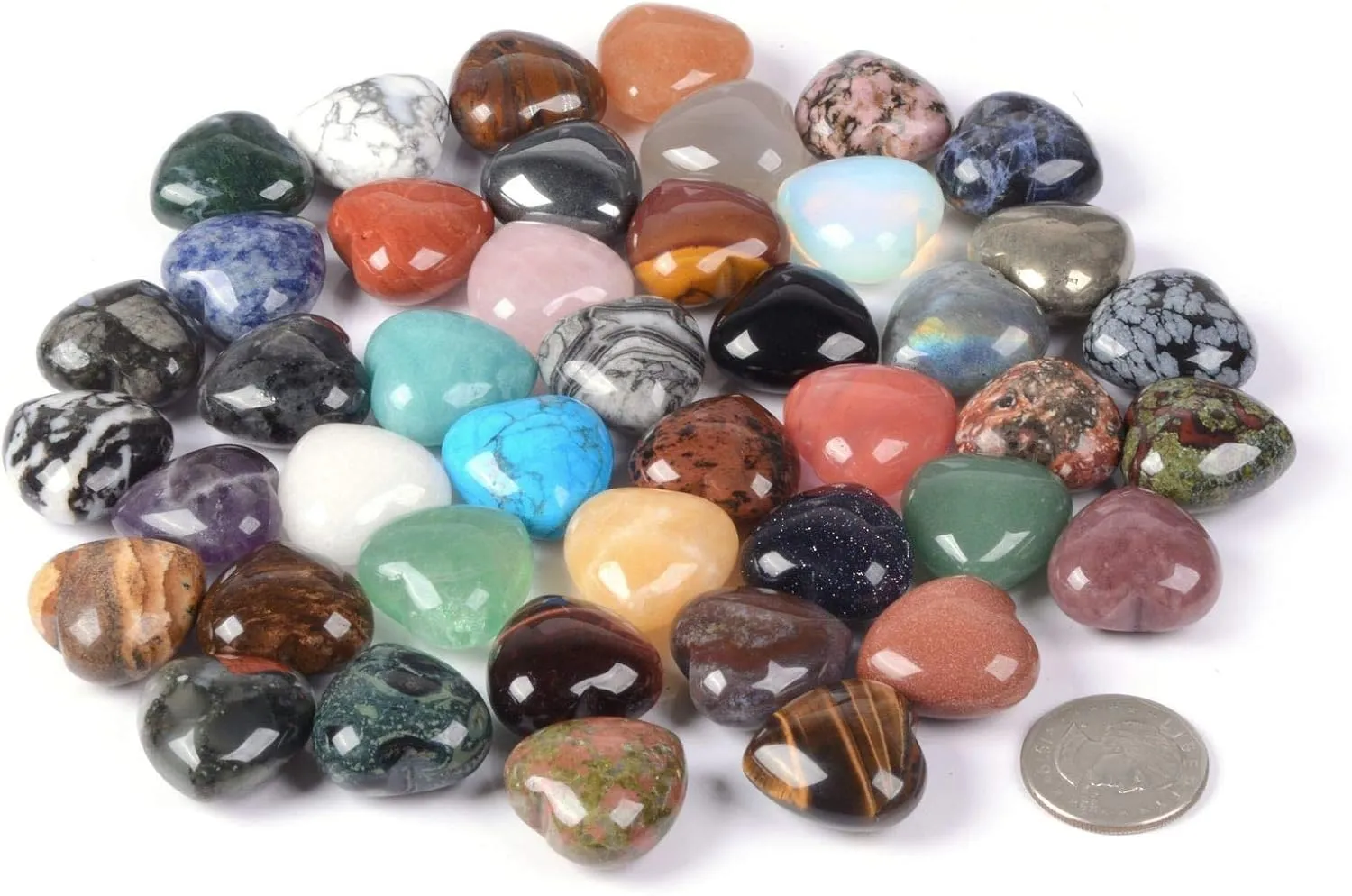 Assorted Gemstone 25mm Mini Puffy LOVE Heart Healing Crystal Pocket Stone Rock Collection Box (Pack of 24)