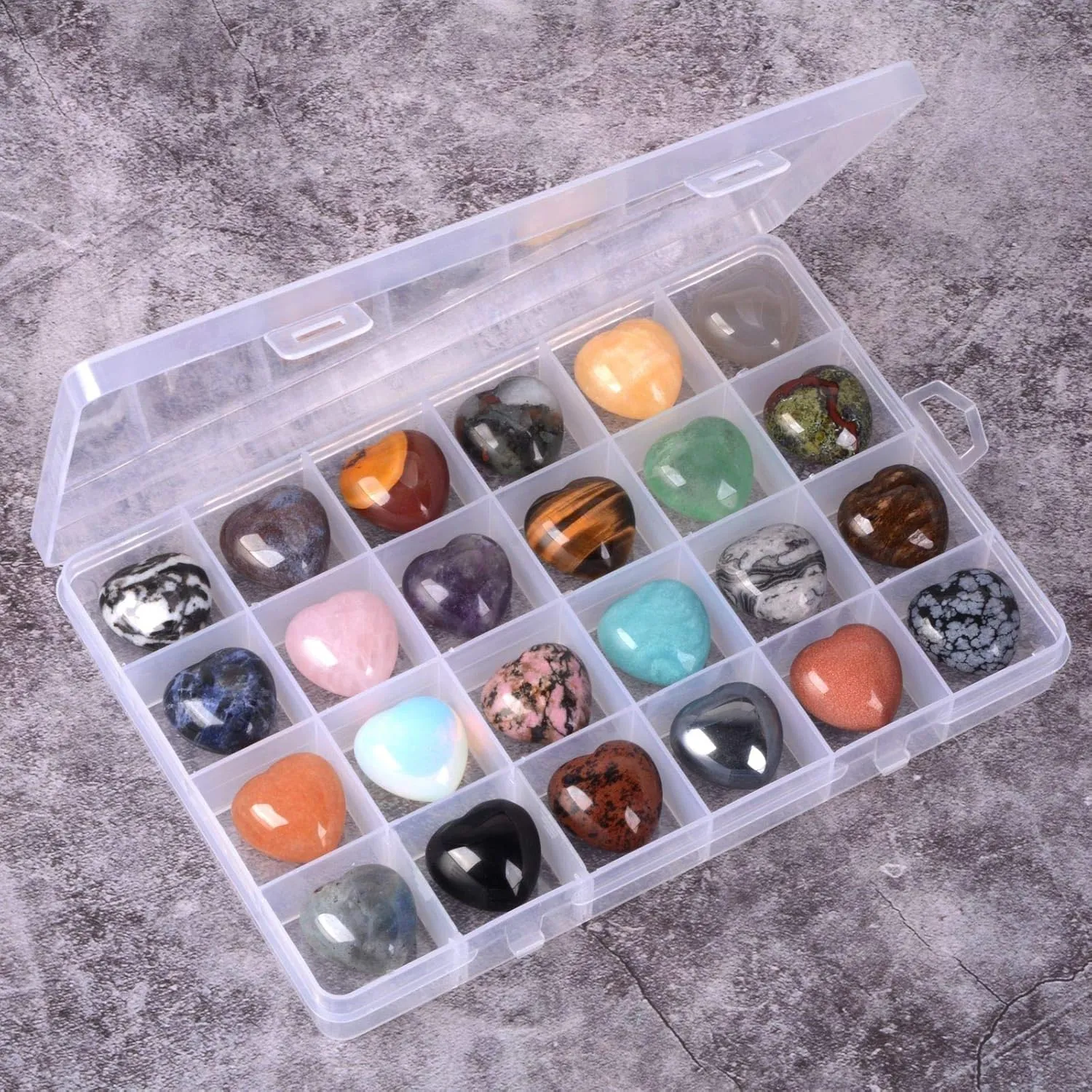 Assorted Gemstone 25mm Mini Puffy LOVE Heart Healing Crystal Pocket Stone Rock Collection Box (Pack of 24)