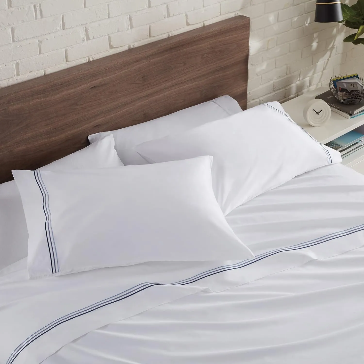 Aston & Arden Sateen Sheet Set - 100% Cotton 600 Thread Count Luxurious Hotel Silky Sheets, Pristine White with Fine Baratta Embroidered 3-Striped Hem, Wrinkle Resistant, Full, Lapis Blue