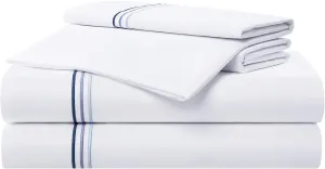 Aston & Arden Sateen Sheet Set - 100% Cotton 600 Thread Count Luxurious Hotel Silky Sheets, Pristine White with Fine Baratta Embroidered 3-Striped Hem, Wrinkle Resistant, Full, Lapis Blue