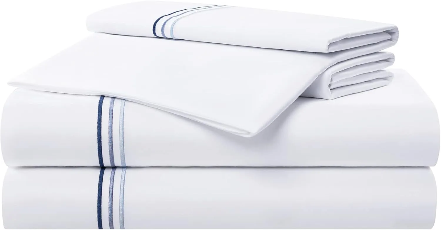 Aston & Arden Sateen Sheet Set - 100% Cotton 600 Thread Count Luxurious Hotel Silky Sheets, Pristine White with Fine Baratta Embroidered 3-Striped Hem, Wrinkle Resistant, Full, Lapis Blue