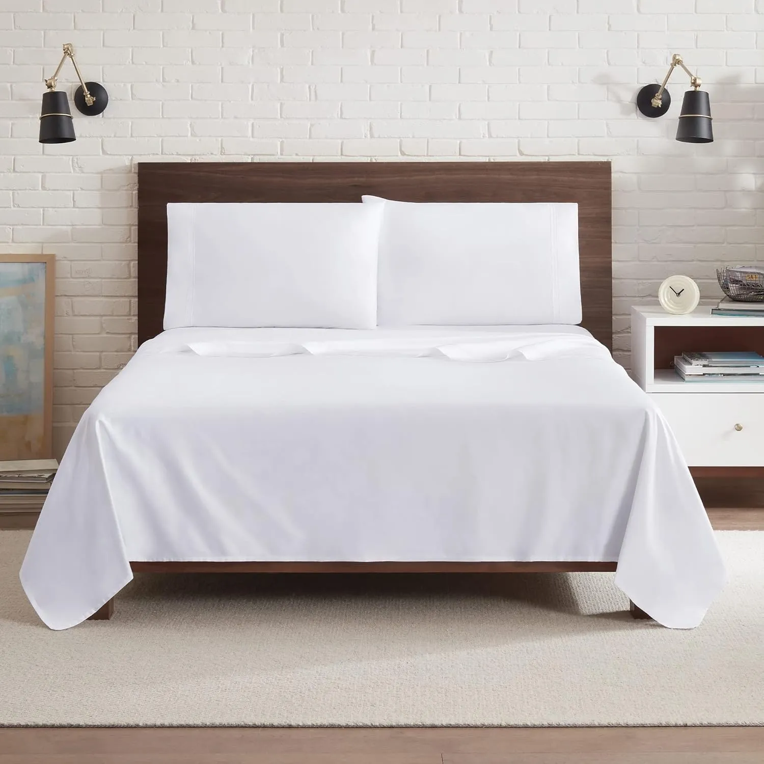 Aston & Arden Sateen Sheet Set - 100% Cotton 600 Thread Count Luxurious Hotel Silky Sheets, Pristine White with Fine Baratta Embroidered 3-Striped Hem, Wrinkle Resistant, Full, Lapis Blue