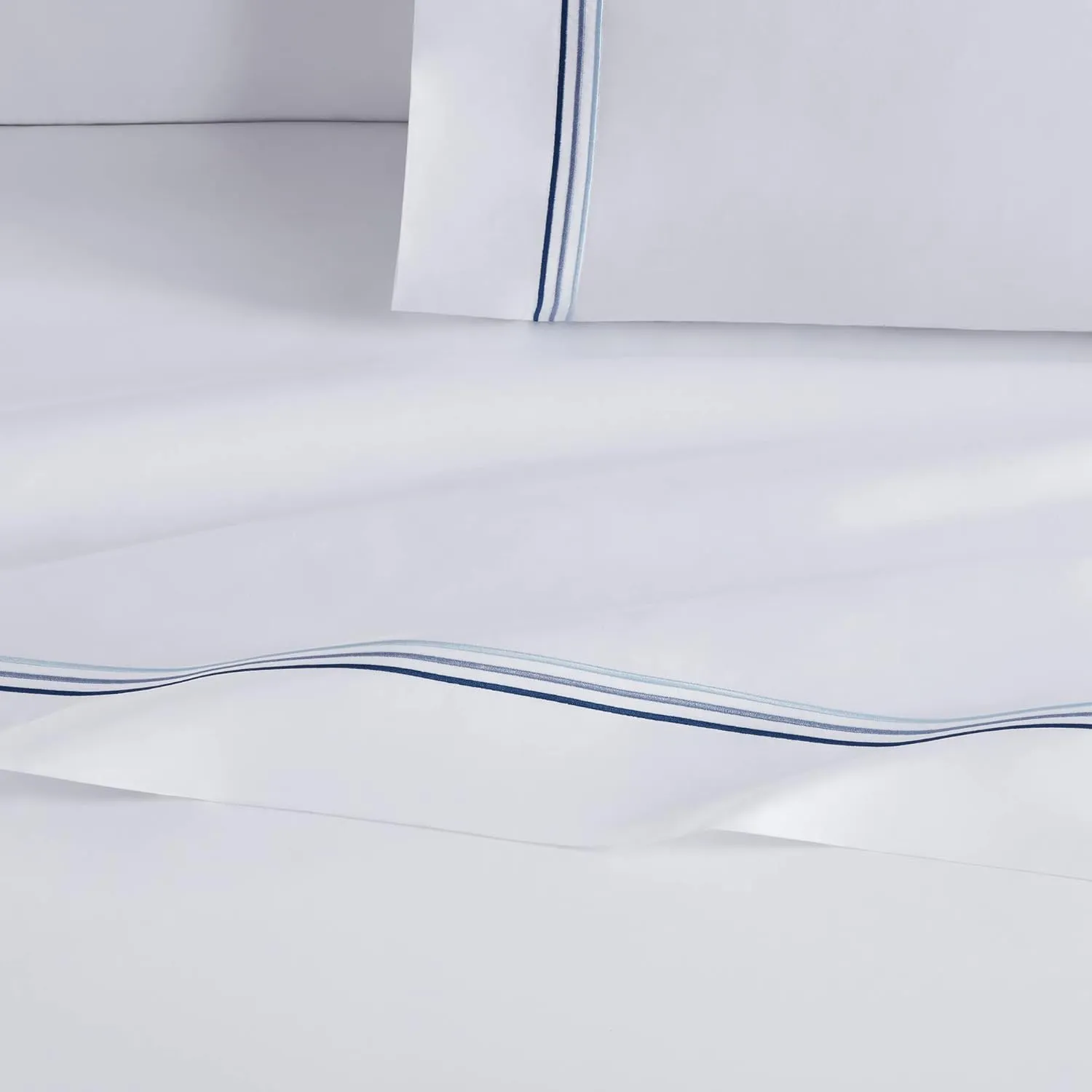 Aston & Arden Sateen Sheet Set - 100% Cotton 600 Thread Count Luxurious Hotel Silky Sheets, Pristine White with Fine Baratta Embroidered 3-Striped Hem, Wrinkle Resistant, Full, Lapis Blue