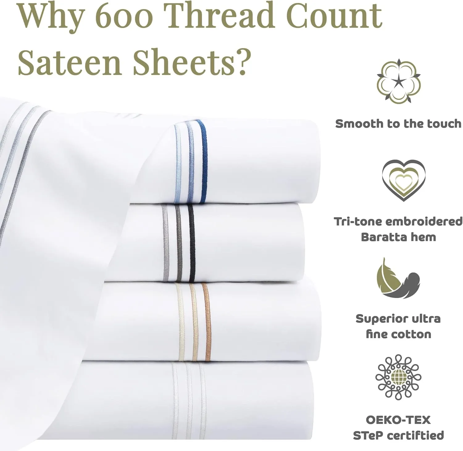 Aston & Arden Sateen Sheet Set - 100% Cotton 600 Thread Count Luxurious Hotel Silky Sheets, Pristine White with Fine Baratta Embroidered 3-Striped Hem, Wrinkle Resistant, Full, Lapis Blue